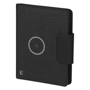 EVOLUTION, portfolio sa notesom a5, pomoćnom baterijom 5.000 mah, bežičnim punjenjem 15w i magnetom, crni