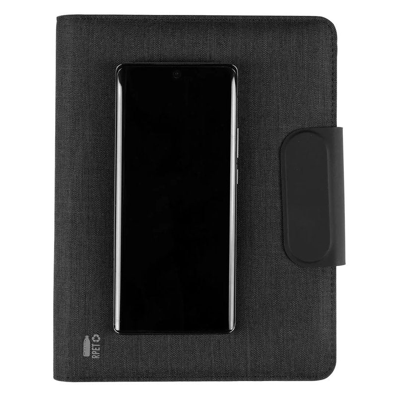 EVOLUTION, portfolio sa notesom a5, pomoćnom baterijom 5.000 mah, bežičnim punjenjem 15w i magnetom, crni