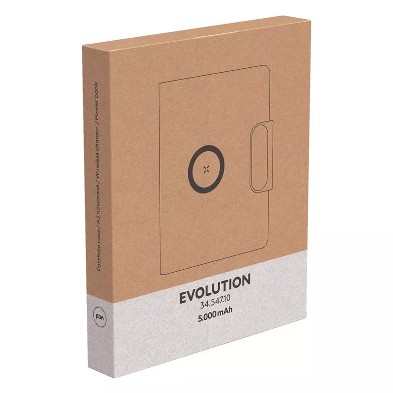EVOLUTION, portfolio sa notesom a5, pomoćnom baterijom 5.000 mah, bežičnim punjenjem 15w i magnetom, crni