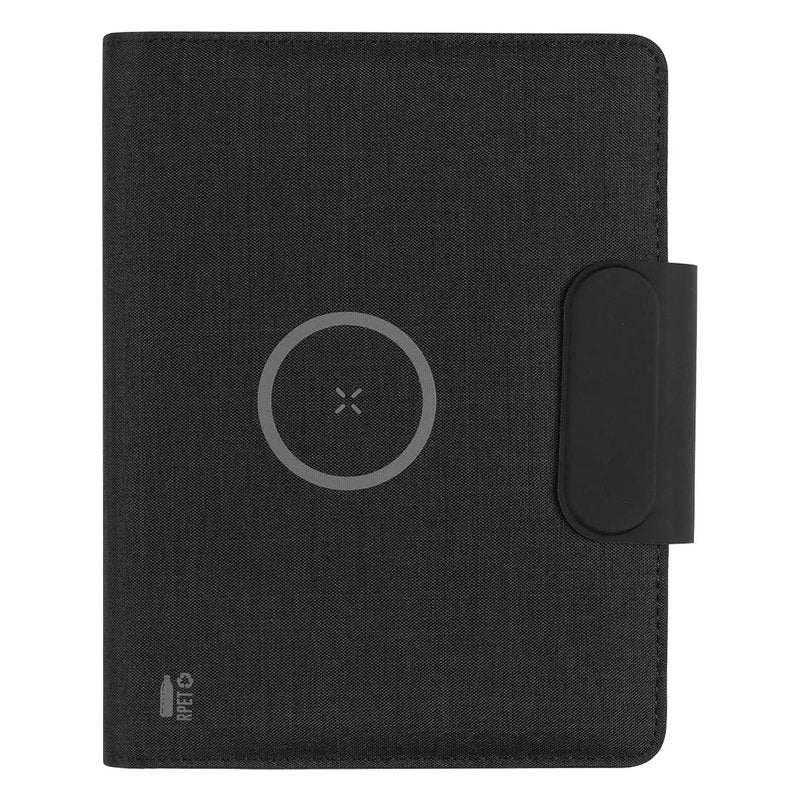 EVOLUTION, portfolio sa notesom a5, pomoćnom baterijom 5.000 mah, bežičnim punjenjem 15w i magnetom, crni